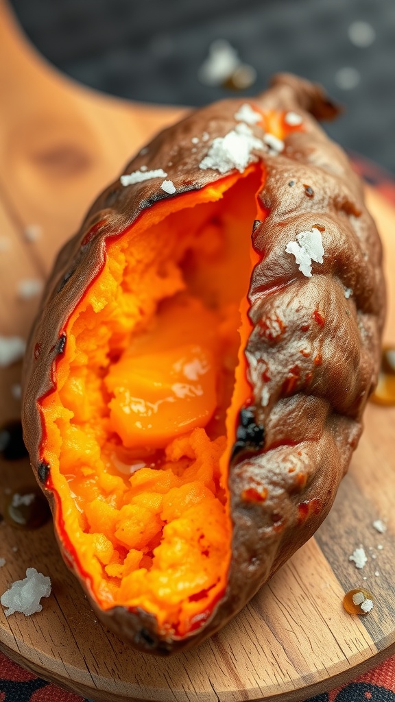 Baked Japanese sweet potato with caramelized skin and vibrant orange flesh, garnished with sea salt and olive oil on a wooden board.